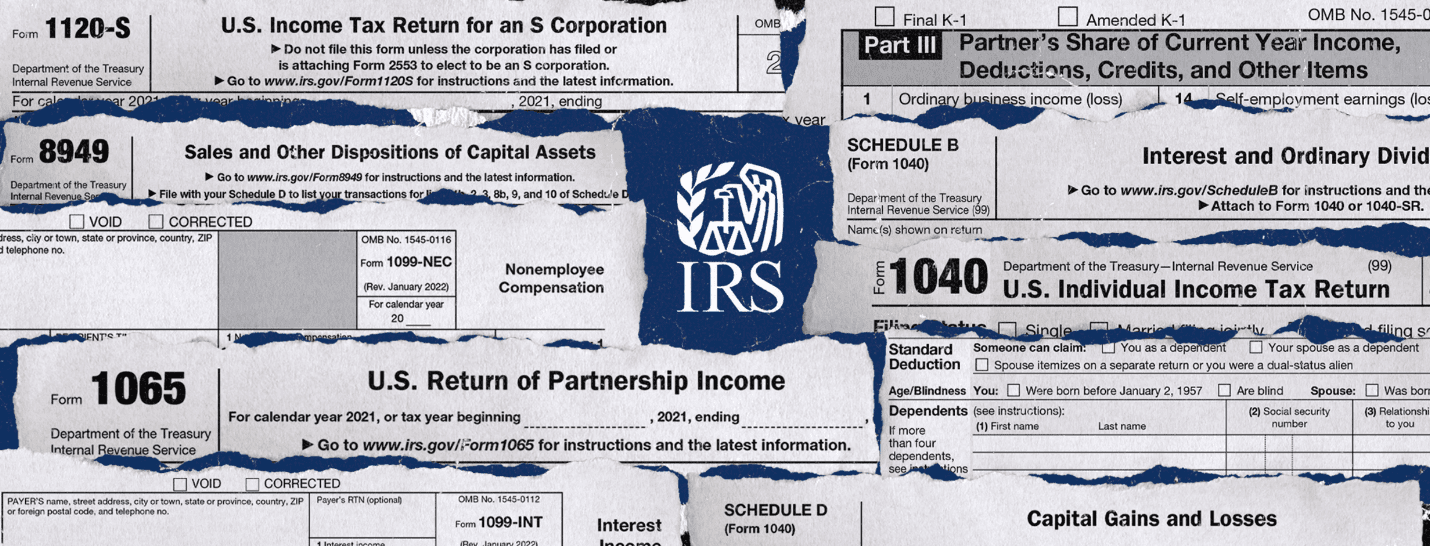 torn pieces of various IRS forms over a royal blue background with the IRS logo in the middle